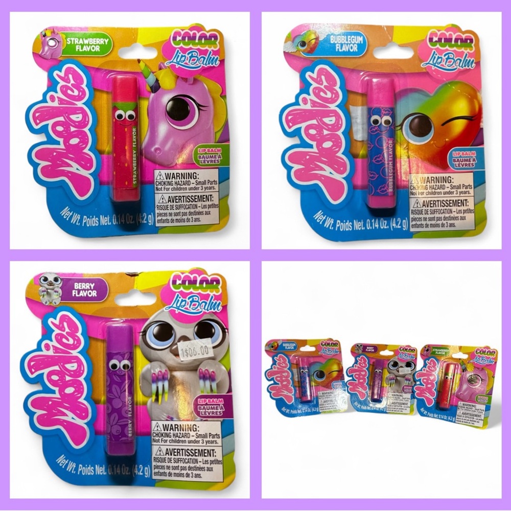 3 Yoyo Moodies Color Lip Balms Strawberry- Berry- Bubble Gum NEW “chapsticks”